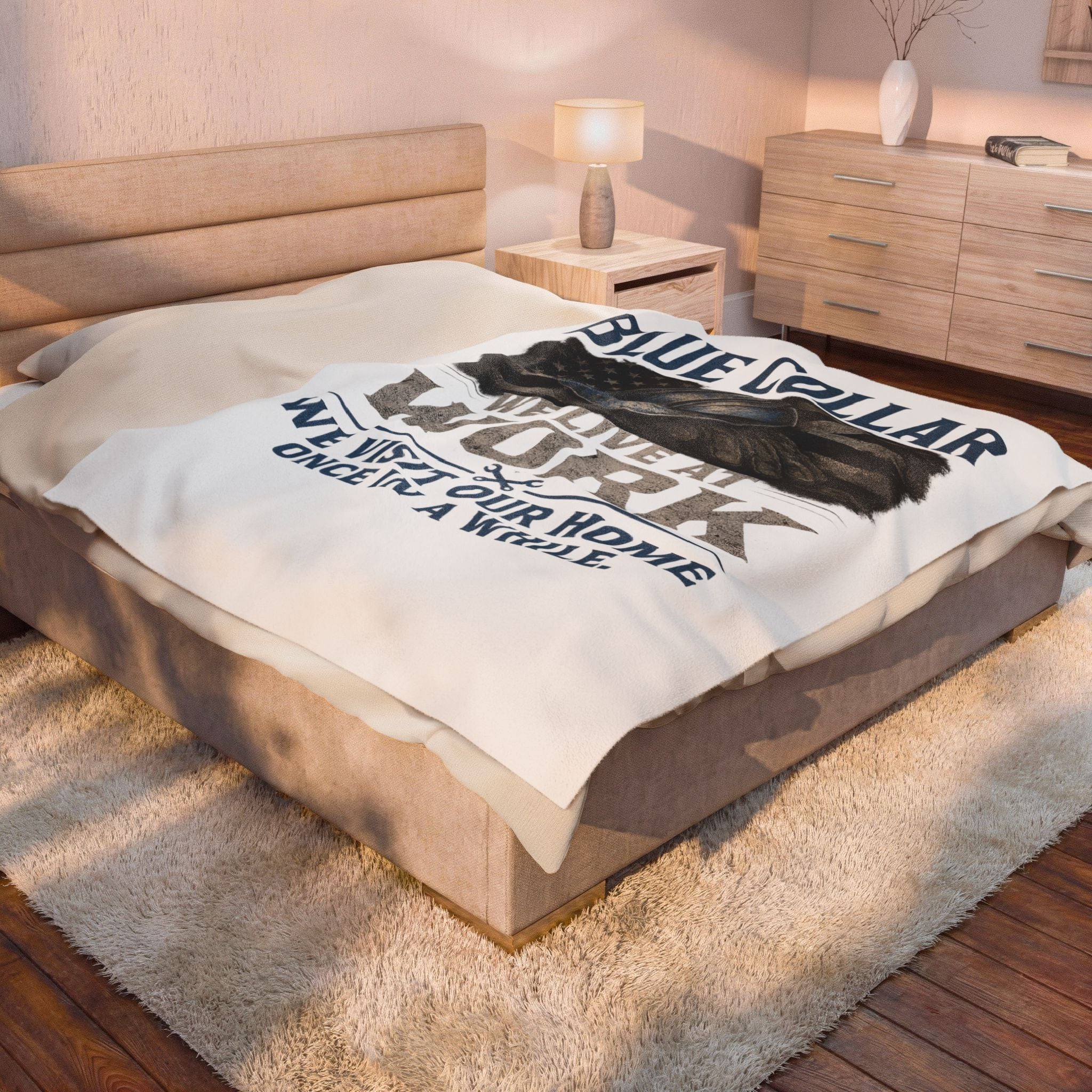 Blue Collar Velveteen Plush Blanket – "We Live at Work" American Worker Throw