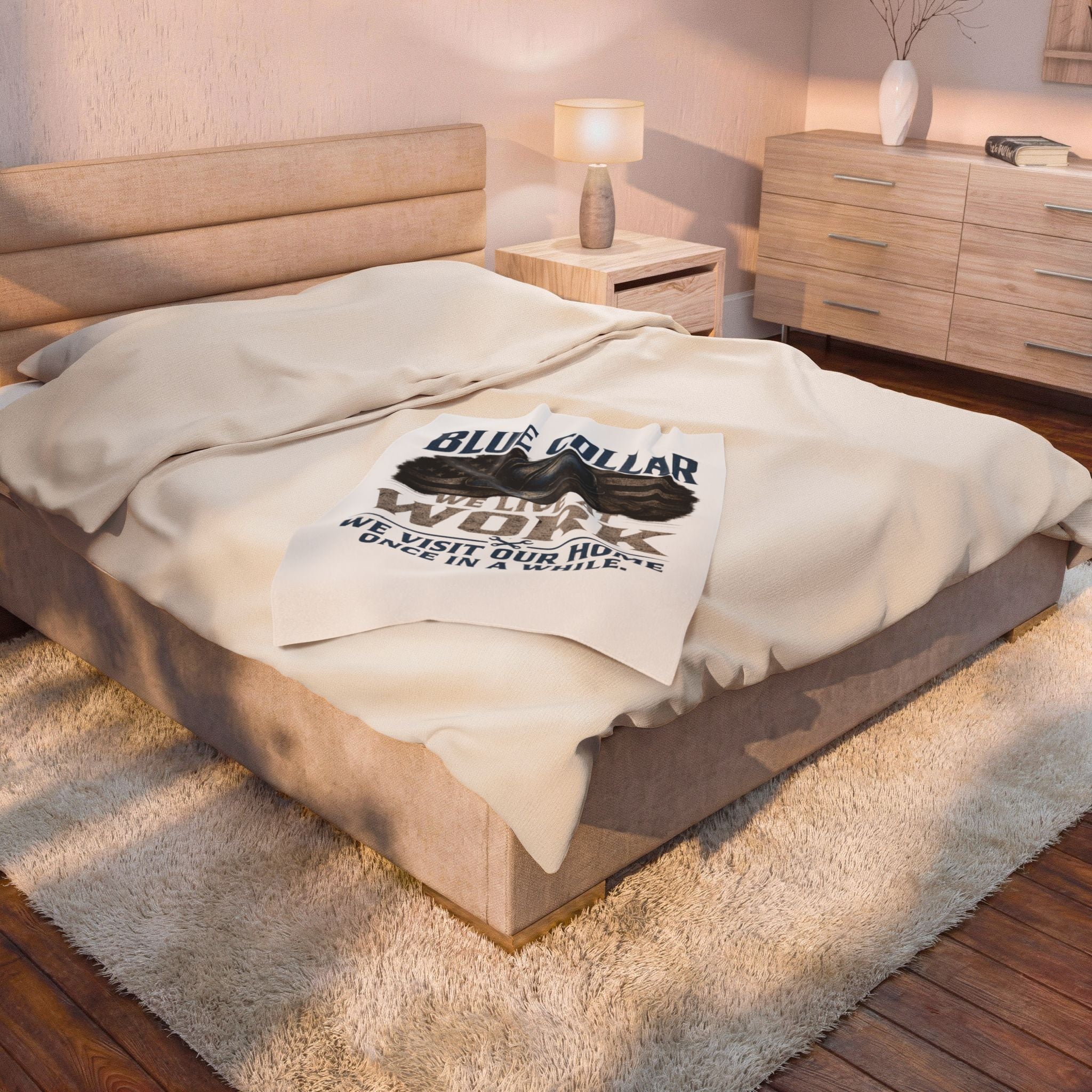 Blue Collar Velveteen Plush Blanket – "We Live at Work" American Worker Throw